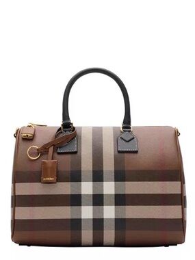BURBERRY  Brown Checkered Top Handle Bag Gold Hardware Detachable Strap w/ Gift
